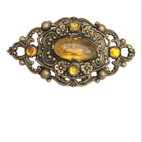 Gold Tone German, Czech Style Yellow Rhinestone Oval Filigree Brooch, M506