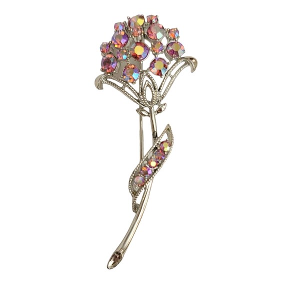 Coro Silver Tone Pink AB Rhinestone Flower Brooch Pin, Signed M251