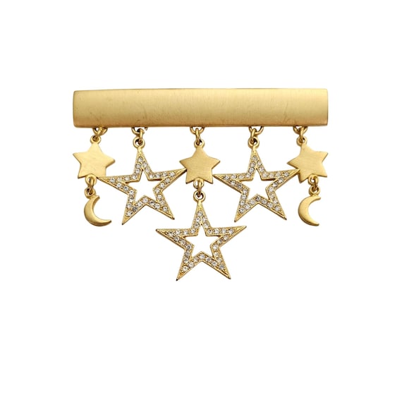 Matte Gold Tone Moon, Stars Dangle Brooch, Clear Rhinestone Bar Pin J374