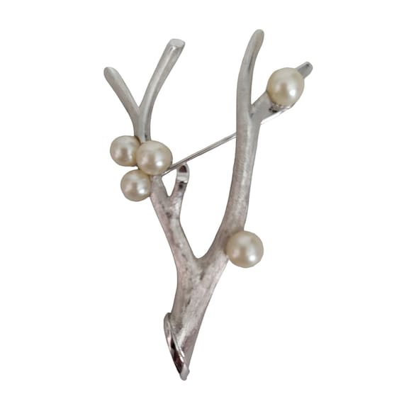 Trifari Crown Over T Silver Tone Faux Pearl Branch Brooch Pin, Signed M196
