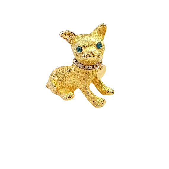 Vintage Frenchie Bulldog Brooch Gold Tone Rhinestone Collar Tag Dangle Pin C992