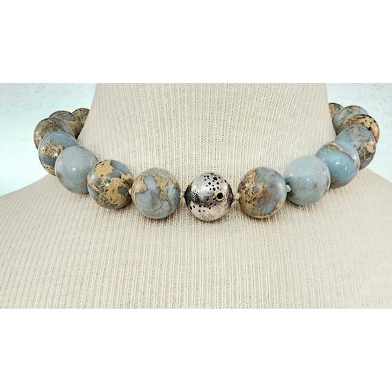 Aqua Sea Beads, Sterling Stone Focal Knotted Strand Necklace J444