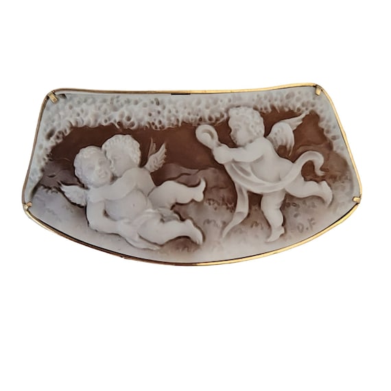 18k Yellow Gold Carved Cherub Cameo Brooch Pendant, Naples Italy Signed DF, M01A