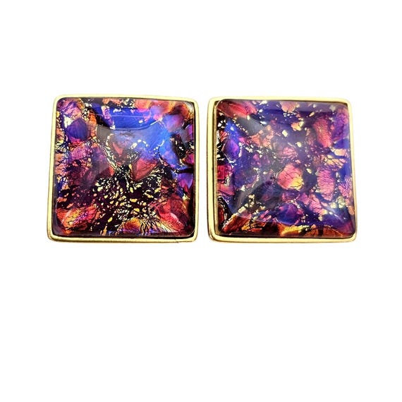 Yves Saint Laurent Purple Pink Foil Art Glass Square Clip On Earrings J672