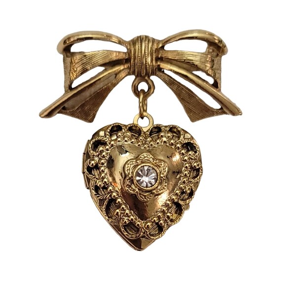 1928 Brand Gold Tone Bow And Heart Dangle Locket Brooch Pin K858