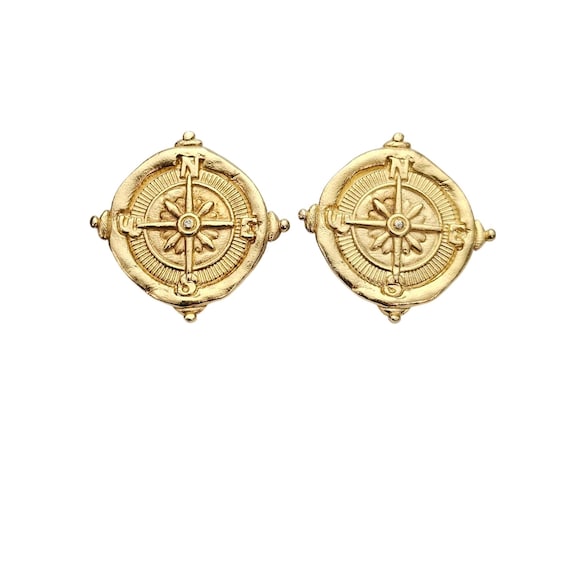 Susan Shaw Gold Tone Clip On Compass Round Earrings, Signed C714