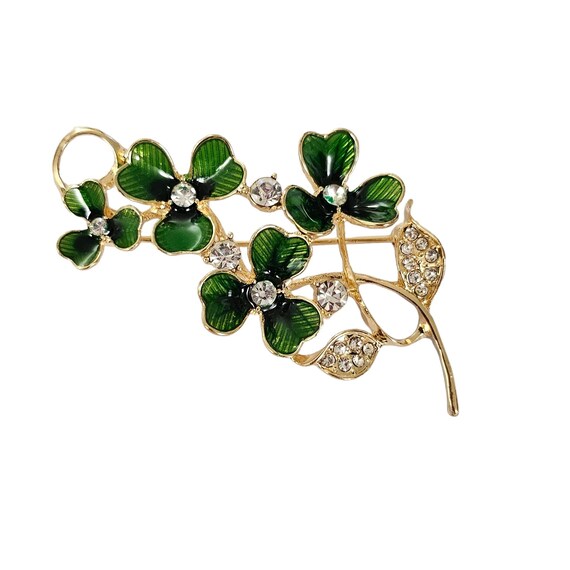 Anne Klein Green Enamel Clear Rhinestone Flower Bunch Brooch Pin, Signed L273