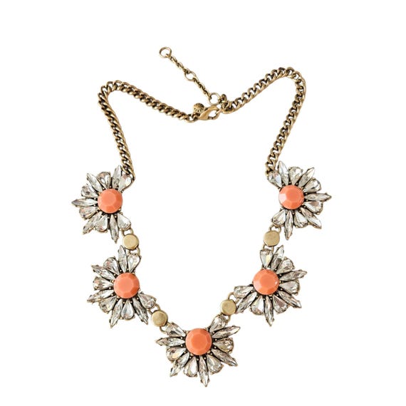 J. Crew Clear Glass Rhinestone Coral Lucite Flower Gold Tone Chain Necklace 20"L