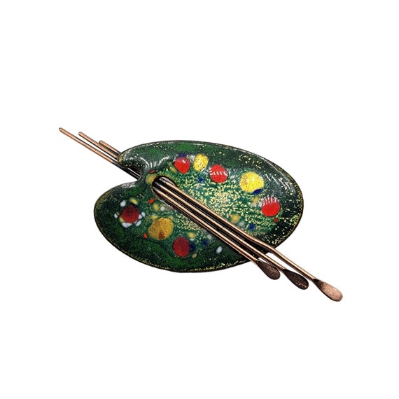 Renoir Matisse 1950's Copper Green Enamel Paintbrush And Palette Brooch, Signed