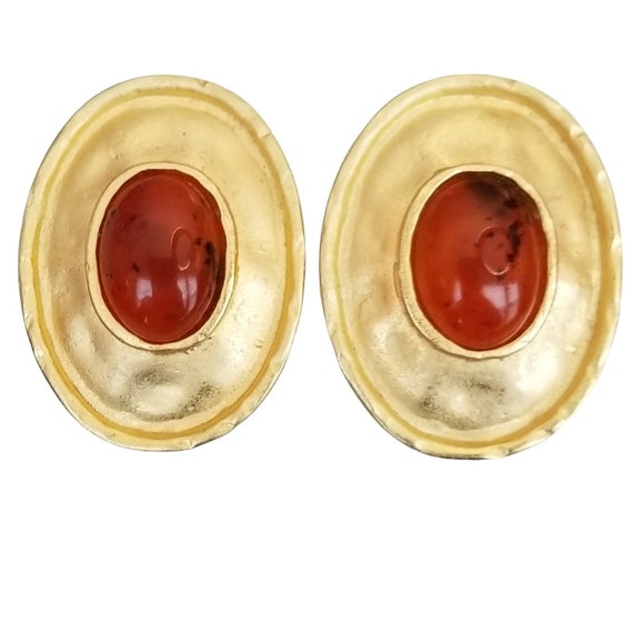 Gold Tone Oval Orange, Faux Amber Designer Style Clip-On Earrings, M344