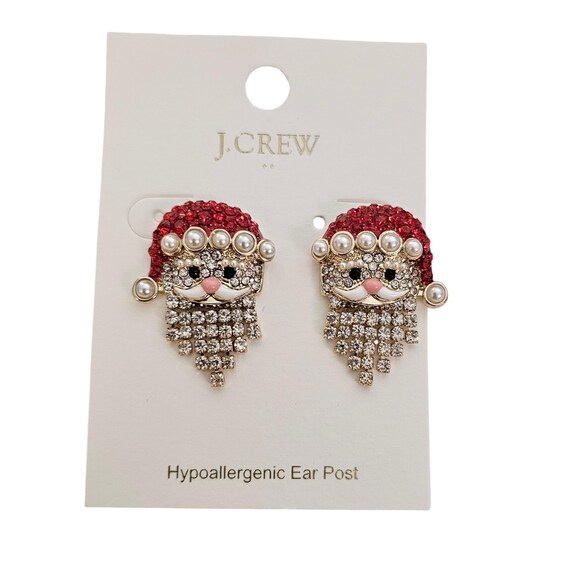 J. Crew Santa Post Earrings Rhinestone Faux Pearl Articulated Beard Dangles L618
