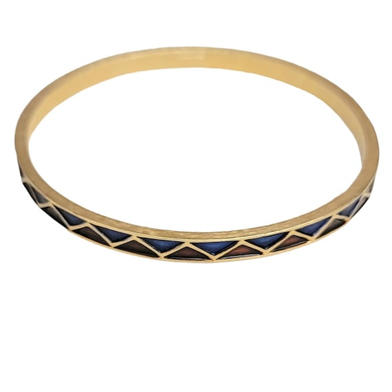 Trifari Crown Over T Gold Tone Red Blue Enamel Thin Bangle, Signed