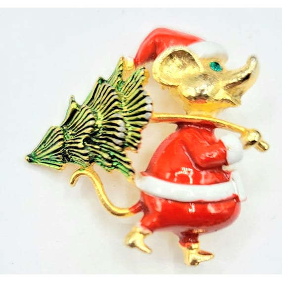 JJ Goldtone Red White Enamel Mouse Carrying Christmas Tree Brooch Pin Signed
