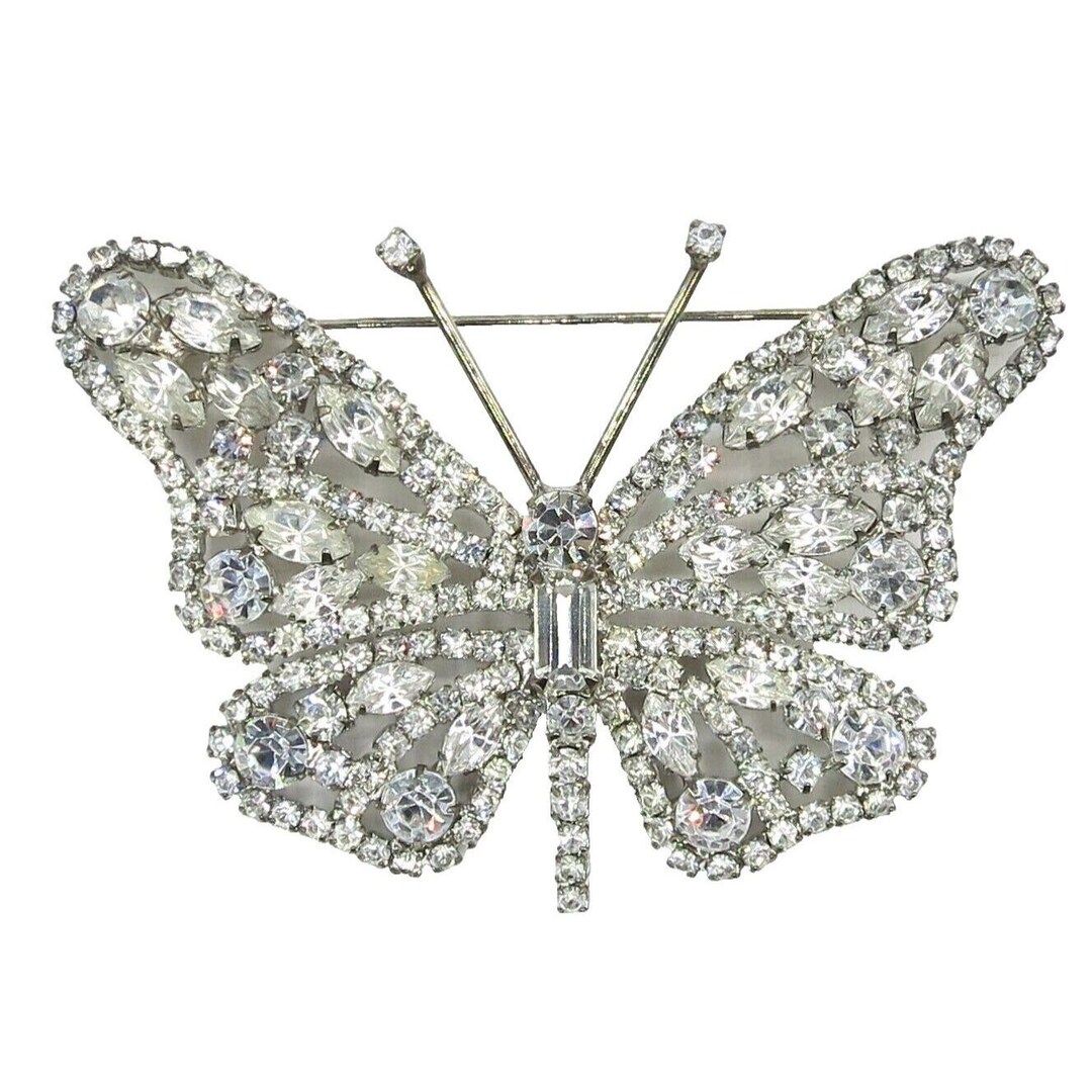 クリアラインストーン バタフライブローチ、プロングセット、シルバー