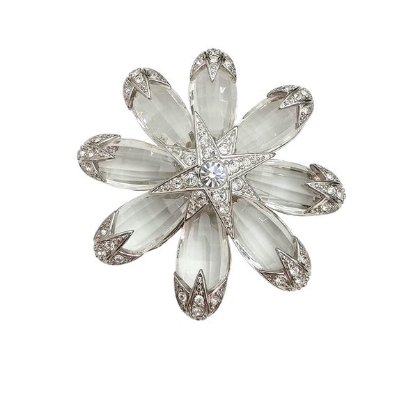 Joan Rivers Rhinestone And Clear Lucite Petal Flower Star Brooch Signed, J468