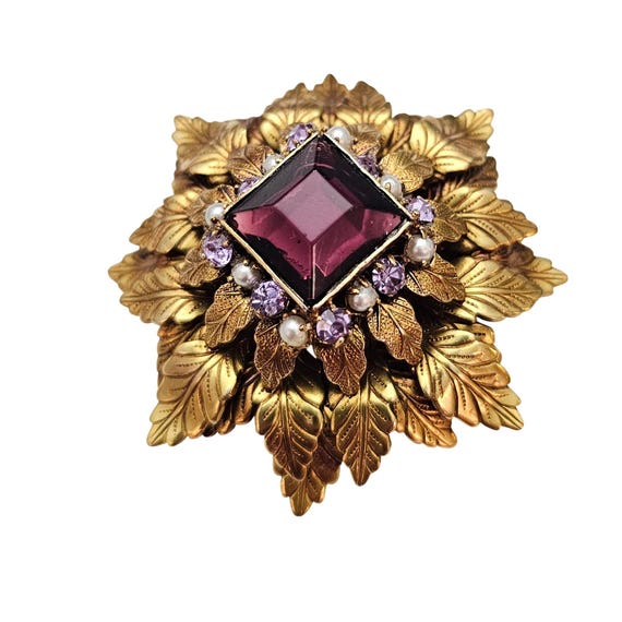 Original By Robert Layer Laurel Leaf Purple Rhinestone Domed Brooch Faux Pearl Pin C699