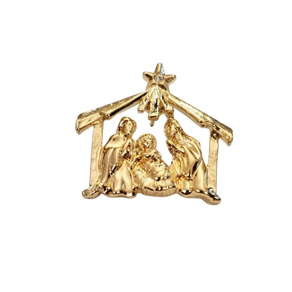 Gold Tone Nativity Scene Star Rhinestone Lapel Pin, L815