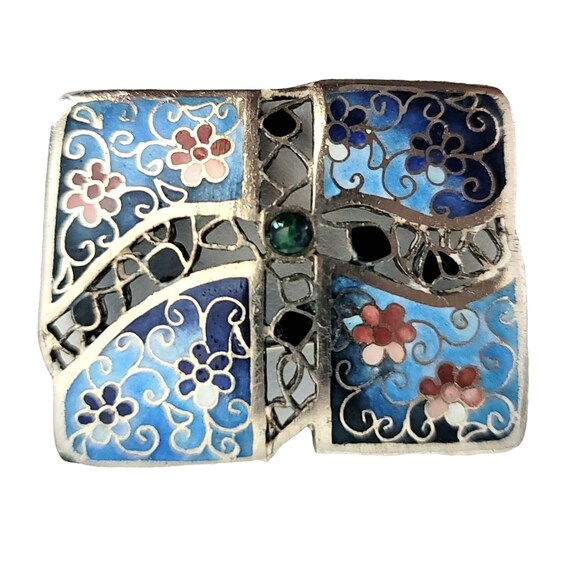 Silver Tone Champleve Style Square Floral Blue Pink Brooch, M295
