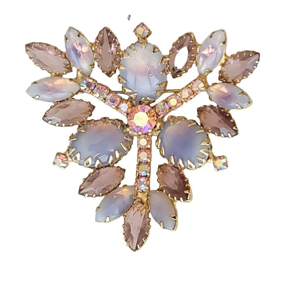 Gold Tone Opalesque Prong Glass And AB Rhinestone Triangular Cluster Brooch, M449