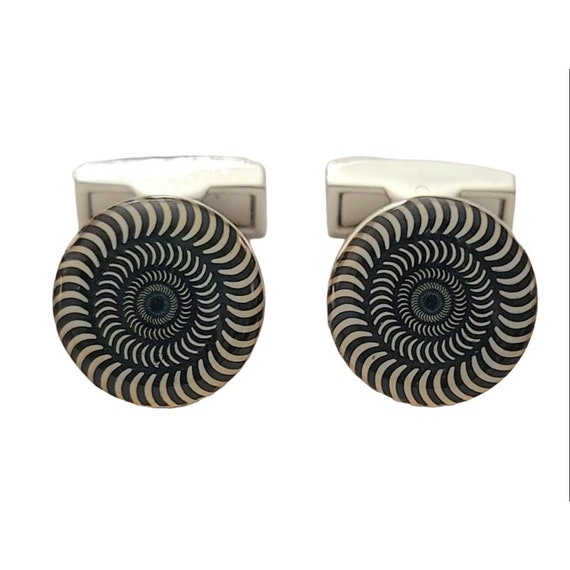 Bugatchi Black White Stripe Spiral Round Cufflinks, Signed K270