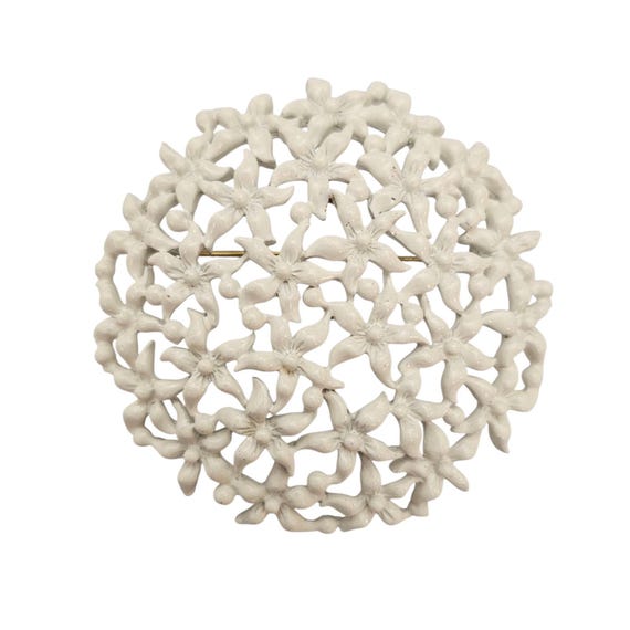 Monet Vintage Round Domed Flower Cut Out Brooch White Enamel Pin, Signed