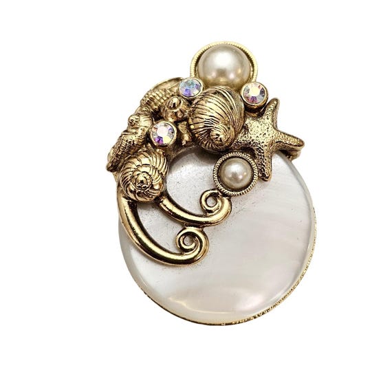 1928 Brand MOP Starfish Shell Faux Pearl AB Rhinestone Beach Theme Brooch C896