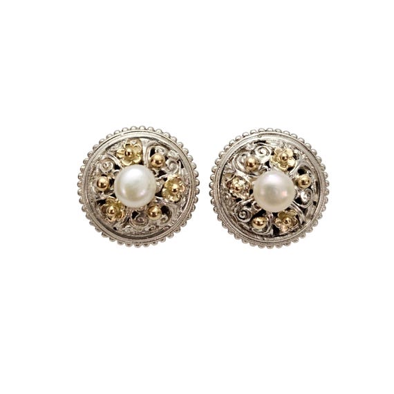 Konstantino 18K Sterling Silver Clip On Flower Round Pearl Earrings Signed, C812