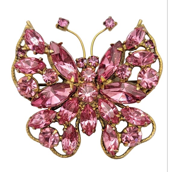 Vintage Gold Tone Pink Prong Set Rhinestone Butterfly Brooch Pin K588