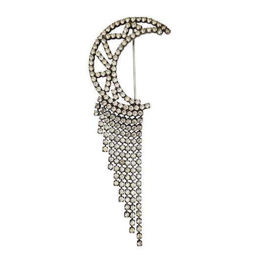 Clear Rhinestone Crescent Moon Dangle Brooch, Waterfall Pin J648