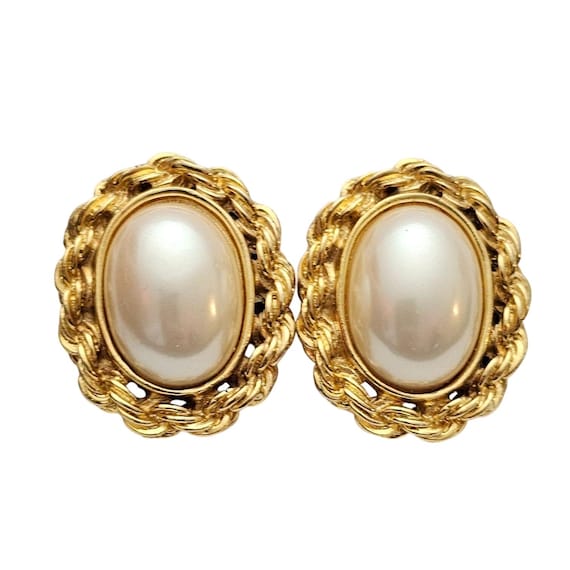 Gold Tone Oval Rope Braid Clip-On Faux Pearl Earrings