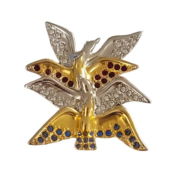 Swarovski Gold Tone, Silver Tone Red White Blue Patriotic Doves In Flight Brooch K921