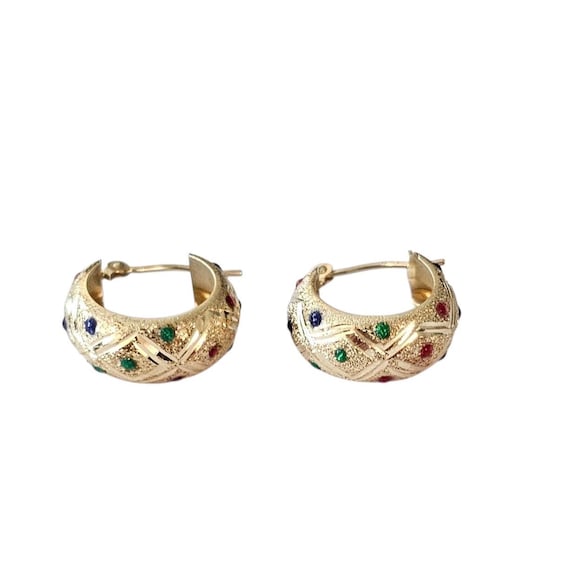 14K Yellow Gold Hoops Multi-Color Enamel Dotted Etched Round Earrings