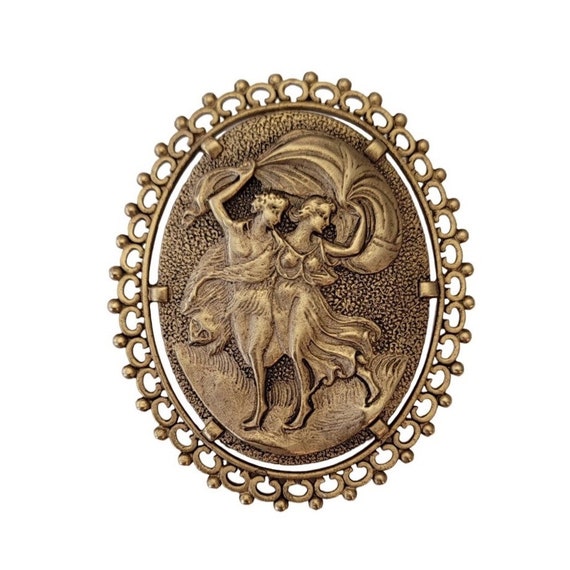 Gold Tone Art Nouveau Style 80’s Cameo Style Brassy Statement Oval Brooch, E573