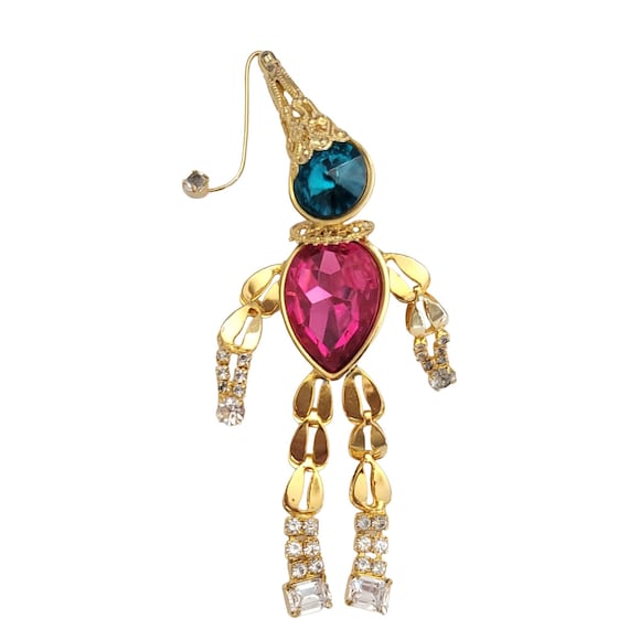 Gold Tone Pink Teal Rivoli Lucite Rhinestone Articulated Mardi Gras Jester Clown Brooch K217