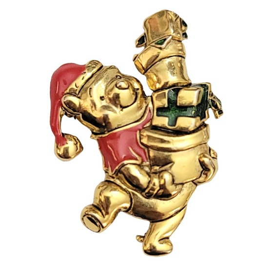 Disney Gold Tone Red Green Enamel Winnie The Pooh With Presents Brooch Pin, Signed K731