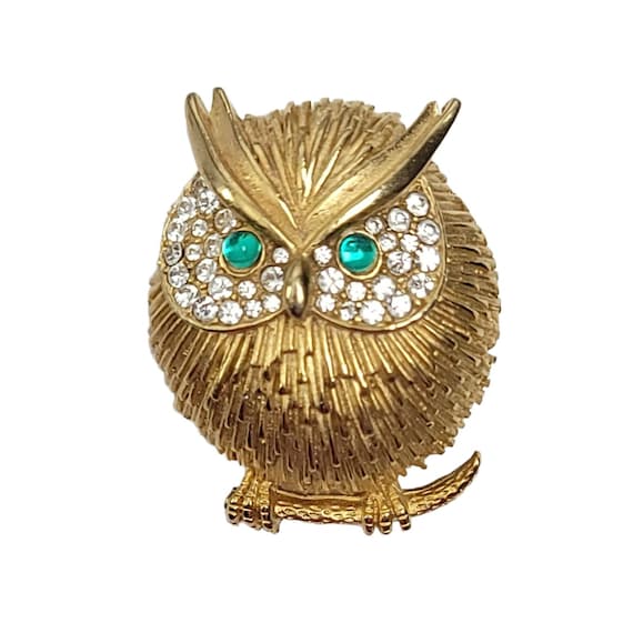 P.E.P. Gold Tone Robins Egg Teal Gripoix Style Eyes Owl Brooch, Signed