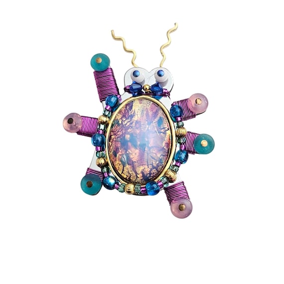 Liztech, 2000 Art Glass Pink Foiled Robin's Egg Blue Bug Brooch Pin Signed C981