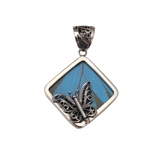 Sterling Silver Butterfly Charm, Blue Wing Large Filigree Bale Pendant E584