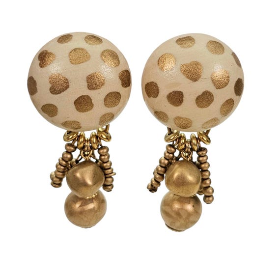 Gold Creme 80’s Wood Button Clip On Earrings Gold Wood, Plastic Bead Dangles, Animal Print L486