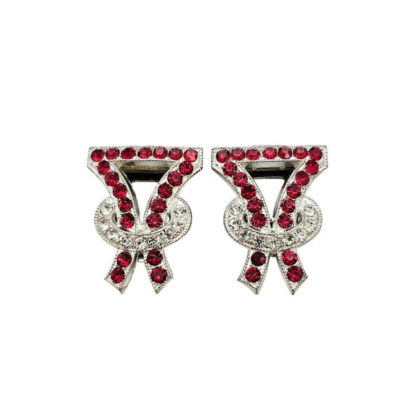 Red Clear Rhinestone Fur Clips, Art Deco Signed Goody C706