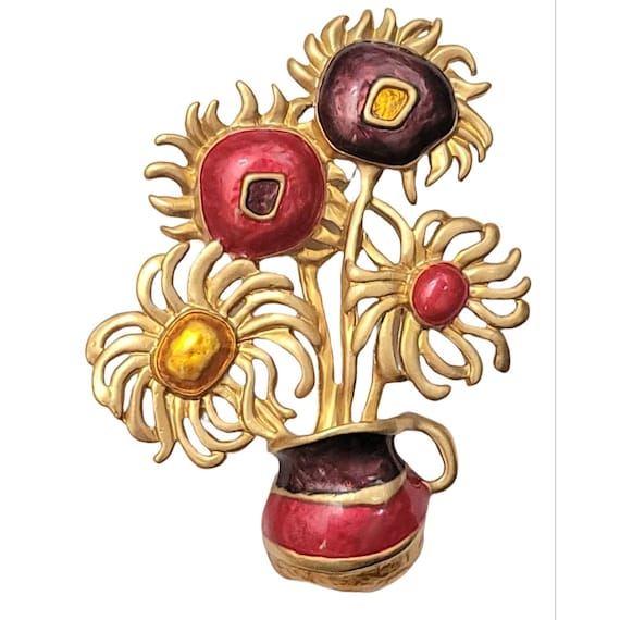 Yves Saint Laurent For AVON Van Gogh's Sunflower Painting Flower Pot Brooch, Signed