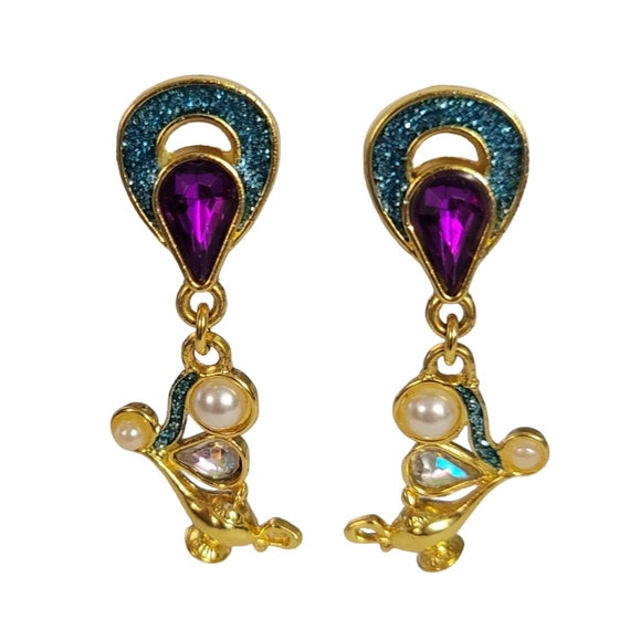 Disney Gold Tone Faux Pearl Aladdin Oil Lamp Dangle Clip-On Earrings, Signed E106