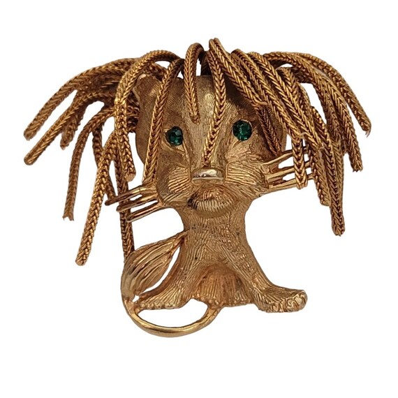 Gold Tone Vintage Articulated Rope Chain Mane Brooch Green Eyes Lion Brooch E848