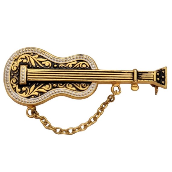 Toledoware Spanish Damascene Gold Tone With Chain Guitar Pin E127