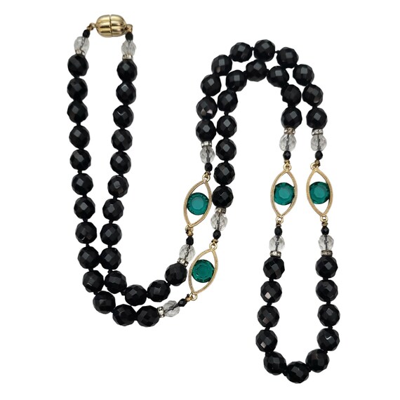 Black Glass Knotted Bead, Green Crystal Caged Station Necklace Vintage E473