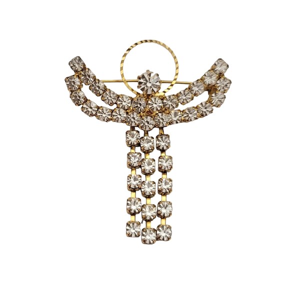 Gold Tone Articulated Clear Rhinestone Angel Brooch Pin E289