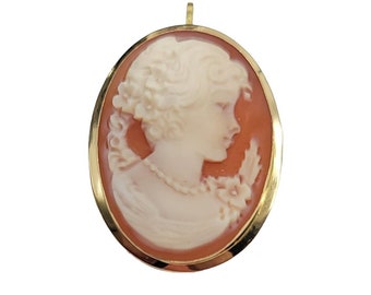 18k Yellow Gold Shell Carved Cameo Oval Necklace Pendant Pin Brooch