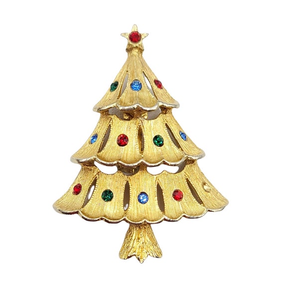 JJ Goldtone Rhinestone Christmas Tree Brooch