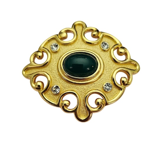 Matte Gold Tone Fleur Style Oval Brooch Green Center Lucite Rhinestone Pin J620