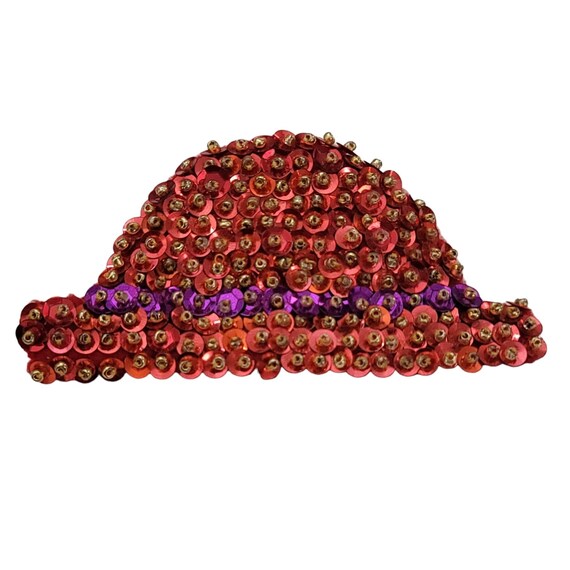 Red Sequin Gold Glass Bead Felt Bowler Hat Brooch Pin K822